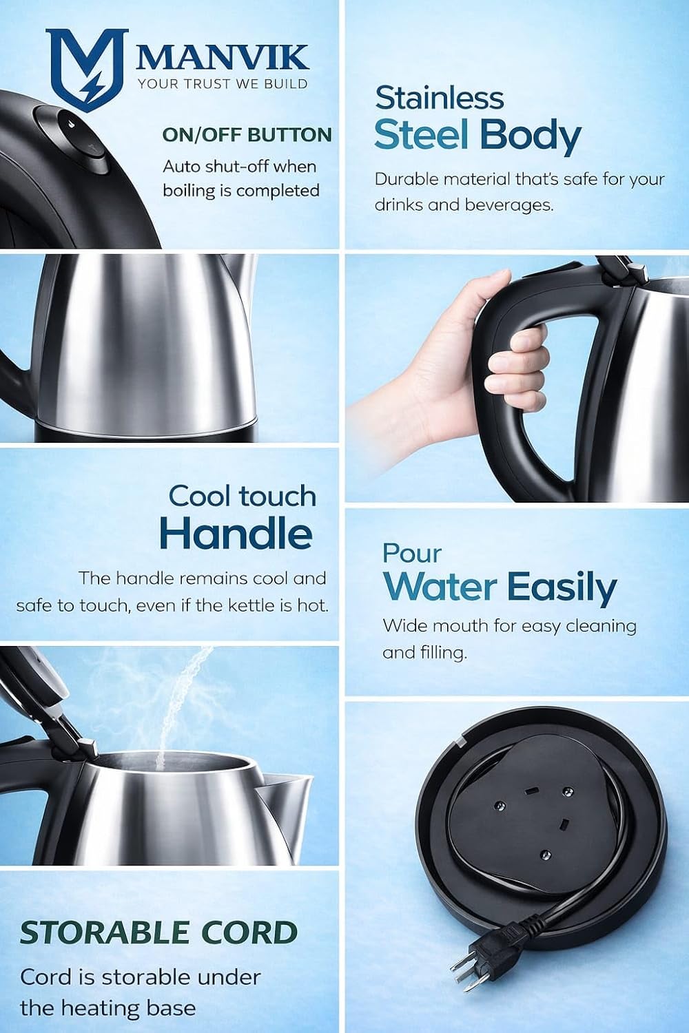 MANVIK Stainless Steel Kettle 1.5L | 1500 Watts | Stainless Steel Hot Water portable Electric Kettle for Home, Office | Auto Shut-Off with Wide Mouth | Cool-touch Handle and Single-Touch Lid Lock