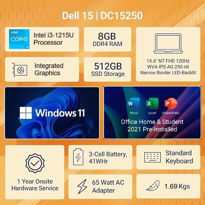 Dell 15, Intel Core 3, 14th Gen-100U, 8GB DDR4, 512GB SSD, FHD IPS, 15.6"/39.62cm, Windows 11, Microsoft Office Home 2024, Carbon Black, 1.63Kg, Dell 15, Intel UHD Graphics, Thin & Light, Laptop