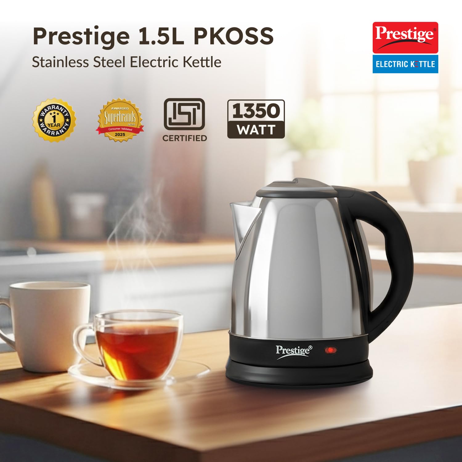 Prestige 1.5L PKOSS Stainless Steel Electric Kettle | 1350 Watts| Elegant Design | Cool-touch Handle and Lid | Automatic Cut-Off and Single-Touch Lid Locking | Black | 1Y Warranty | ISI Certified