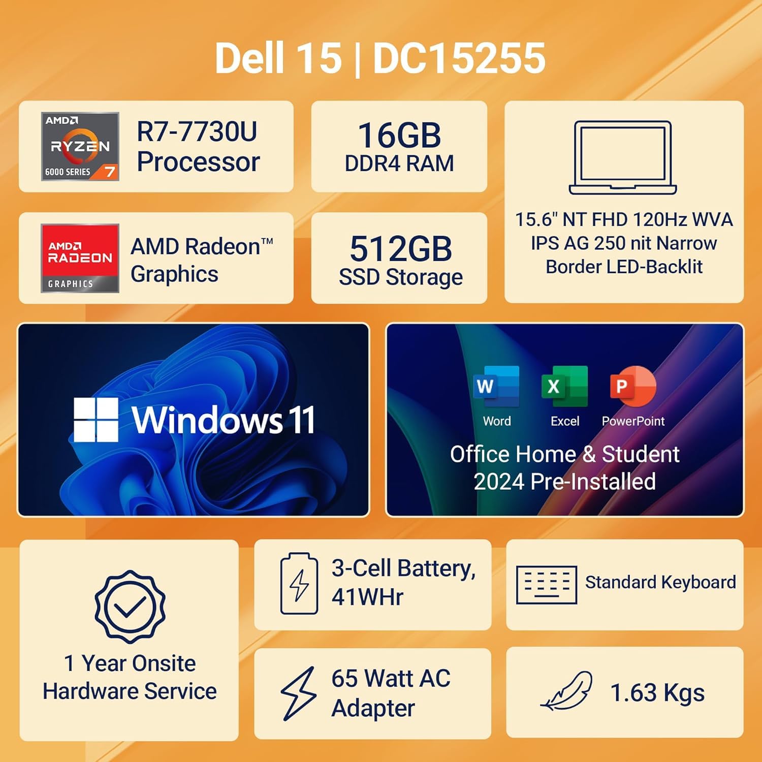 Dell 15, AMD Ryzen 7-7730U, 16GB DDR4, 512GB SSD, FHD, 15.6"/39.6cm, Windows 11, Microsoft Office Home 2024, Platinum Silver, 1.63Kg, [Dell 15], 120Hz 250nits, AMD Radeon Graphics,Thin & Light, Laptop