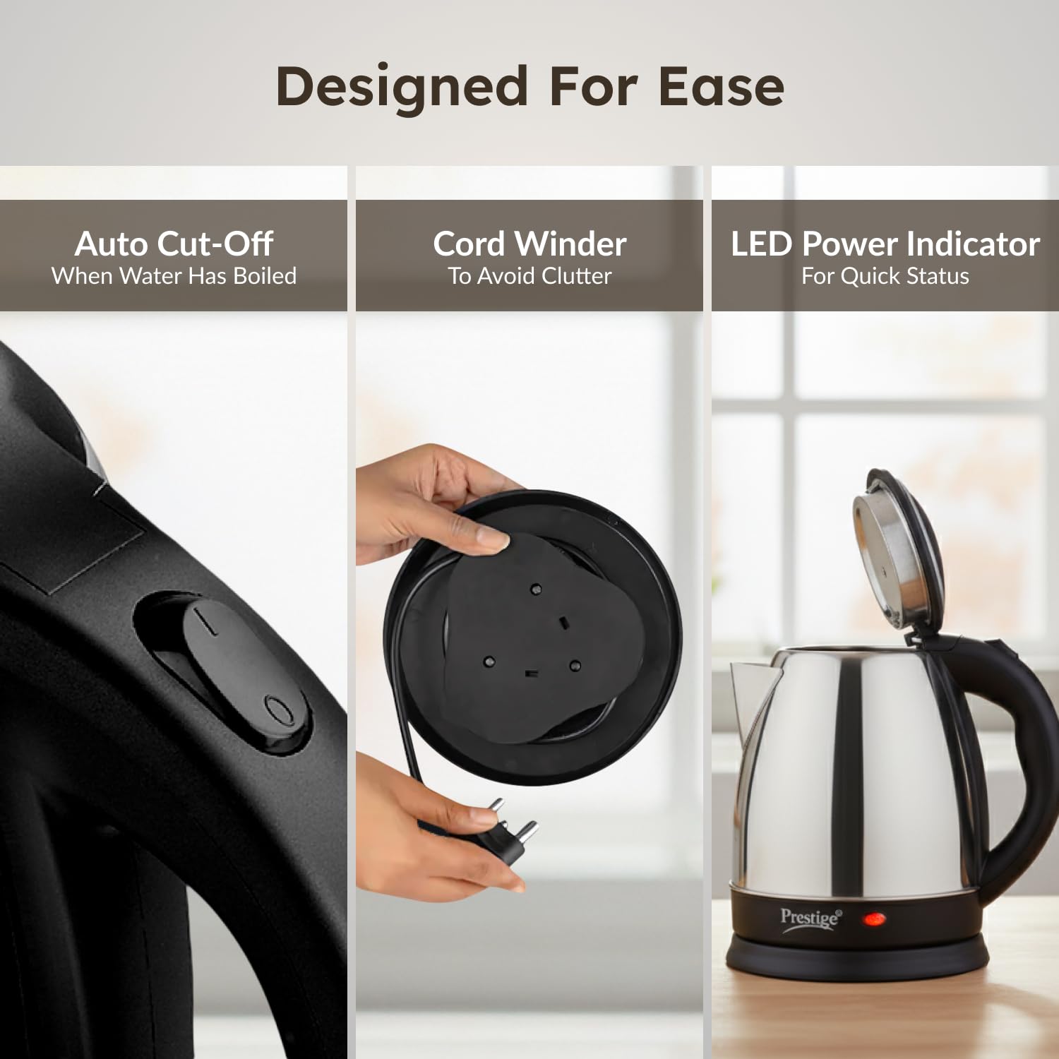 Prestige 1.5L PKOSS Stainless Steel Electric Kettle | 1350 Watts| Elegant Design | Cool-touch Handle and Lid | Automatic Cut-Off and Single-Touch Lid Locking | Black | 1Y Warranty | ISI Certified