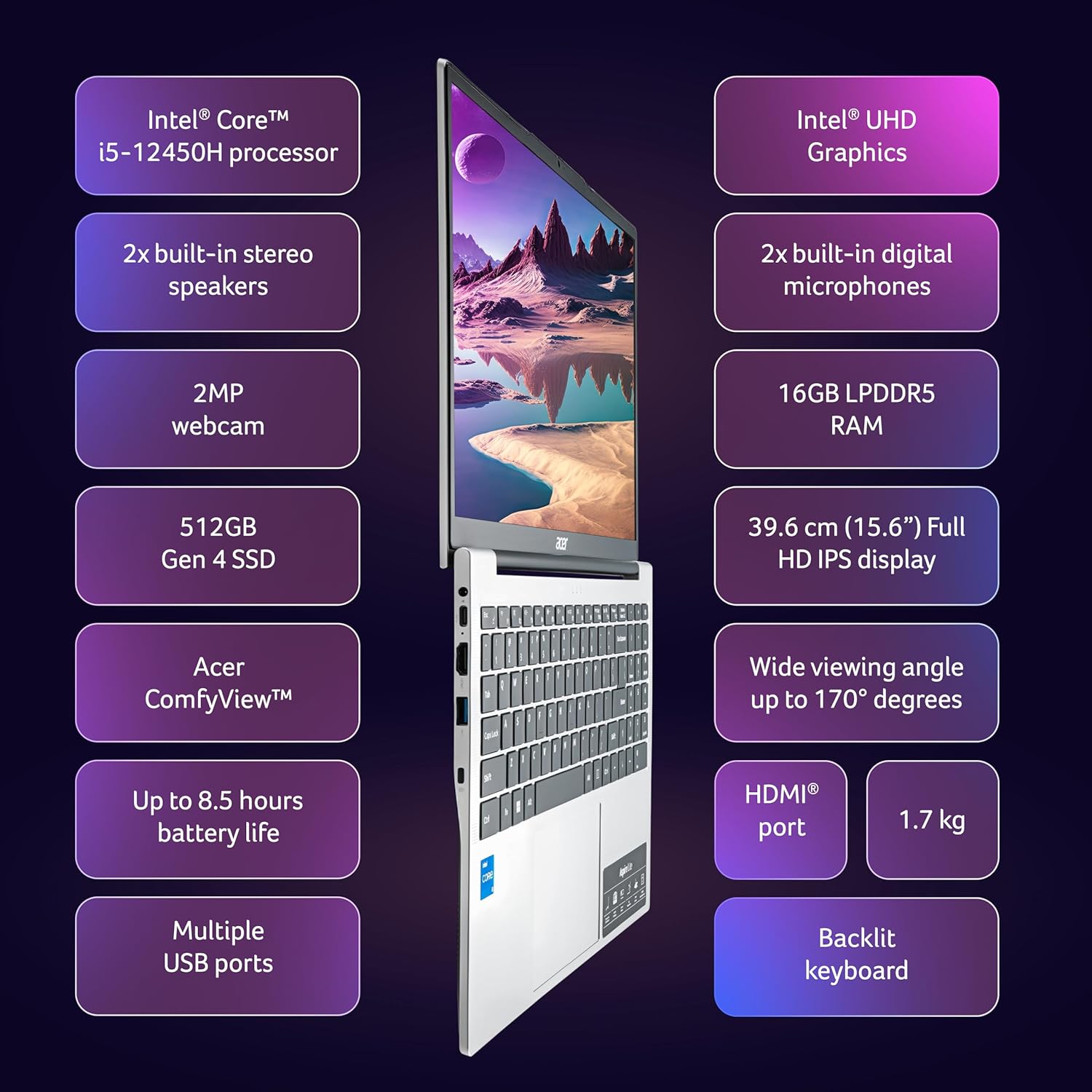 acer Aspire Lite 12th Gen Intel Core i5-12450H, Office 2024 + M365 Basic, 16GB RAM/512GB SSD, 39.62cm(15.6") FHD IPS Display Win11H, Pure Silver, 1.7KG,AL15-52H, Backlit KB, Thin & Light Laptop