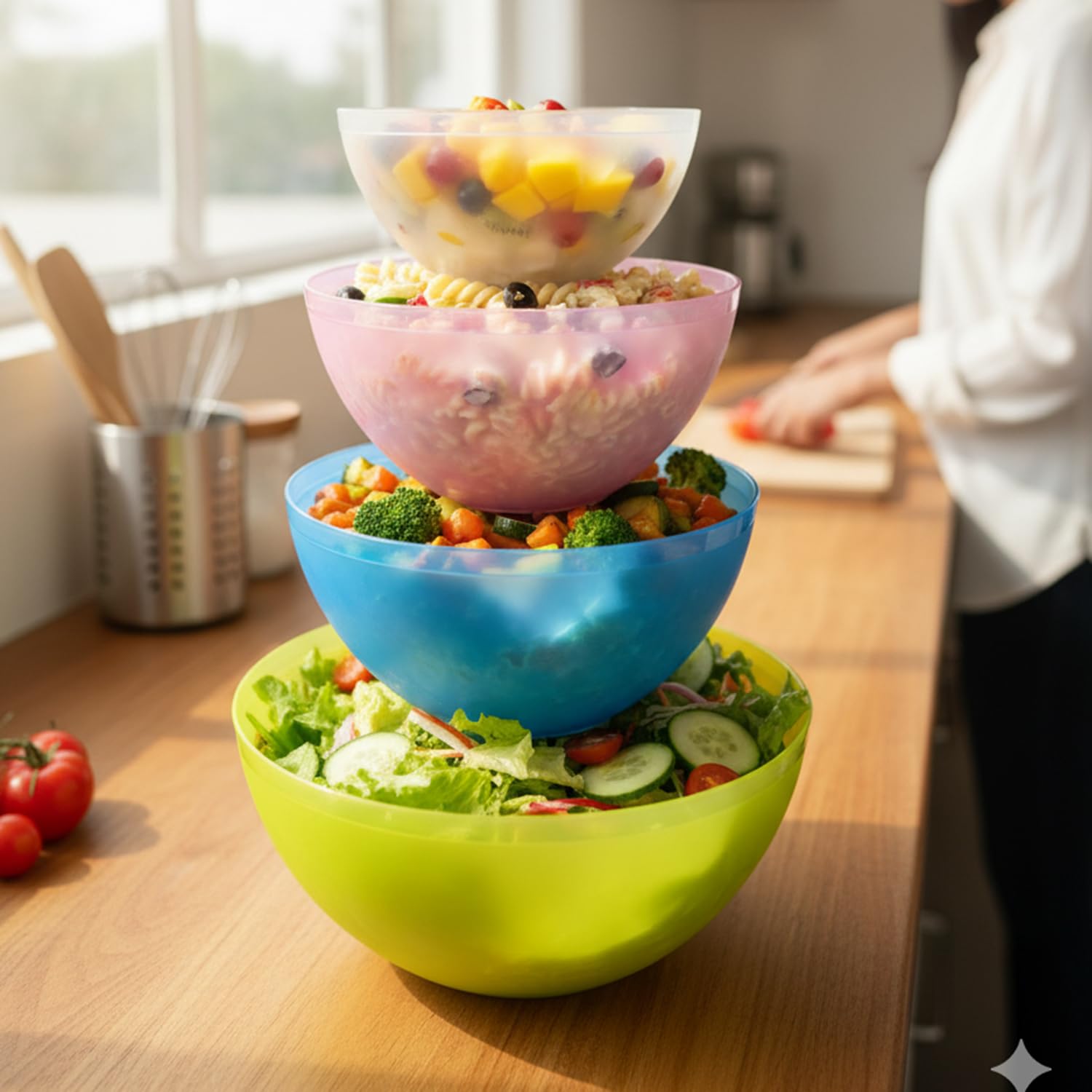 Gluman 4-Piece Mixing Bowl Set | Transparent Multi-Color Plastic Kitchen Bowls for Baking, Cooking, Meal Prep & Serving |Lightweight,Dishwasher Safe |Stackable Bowls (3200ml, 2000ml, 1350ml, 850ml)