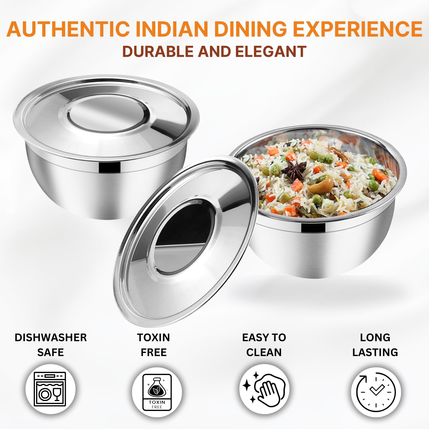 Kraft Stainless Steel Serving Bowl with Lid Set of 3 pcs - 18cm | Mixing Steel Big Bowl | Salad, Rice, Desert, Bowl Set | Matt Finish, Food Grade | 2 Year Warranty - Silver