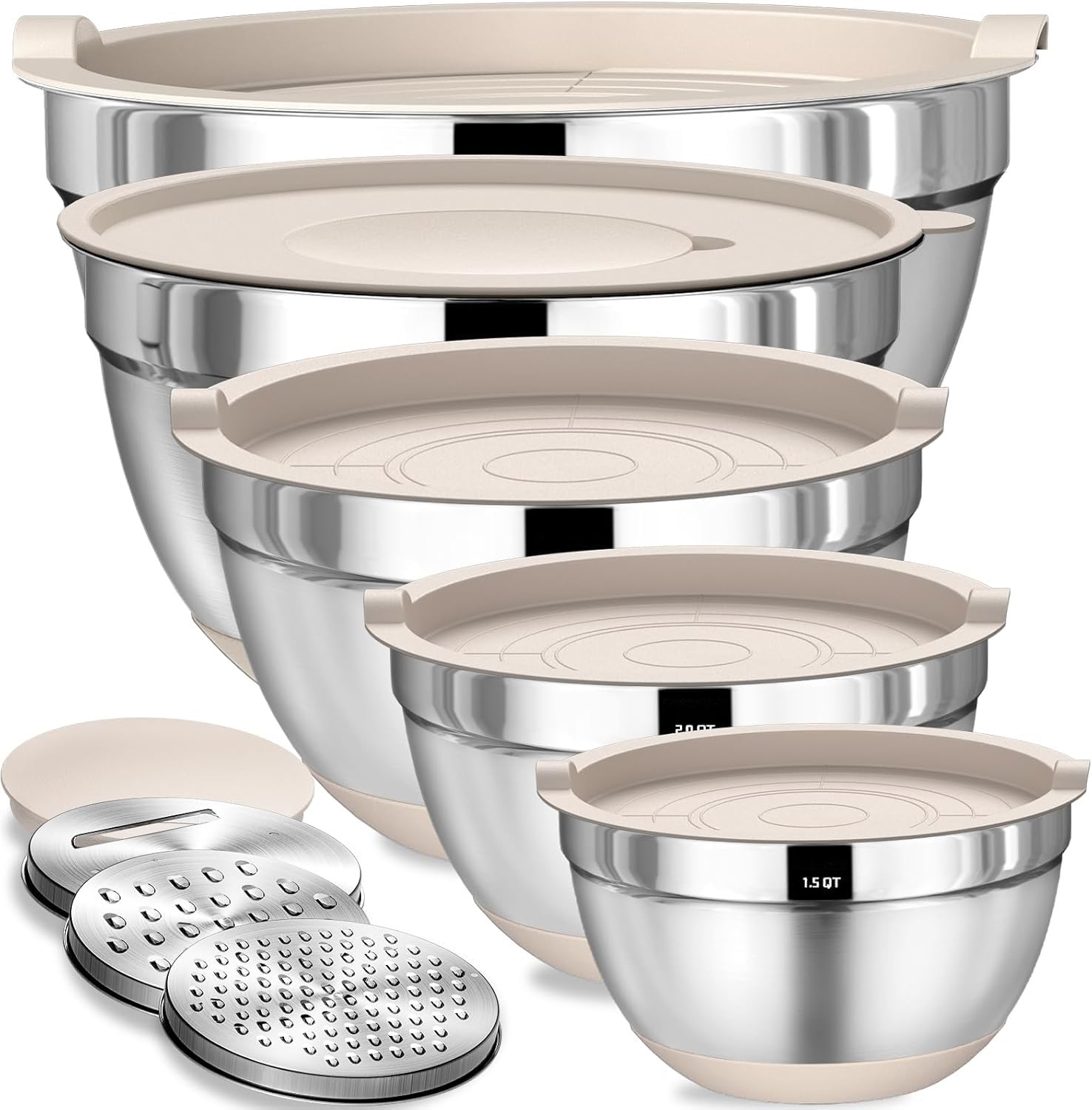 Mixing Bowls with Airtight Lids Set, 5PCS Stainless Steel Khaki Nesting Bowls with Grater Attachments, Kitchen Bowls with Non-Slip Bottoms, Size 5, 4, 3.5, 2, 1.5QT for Mixing & Serving