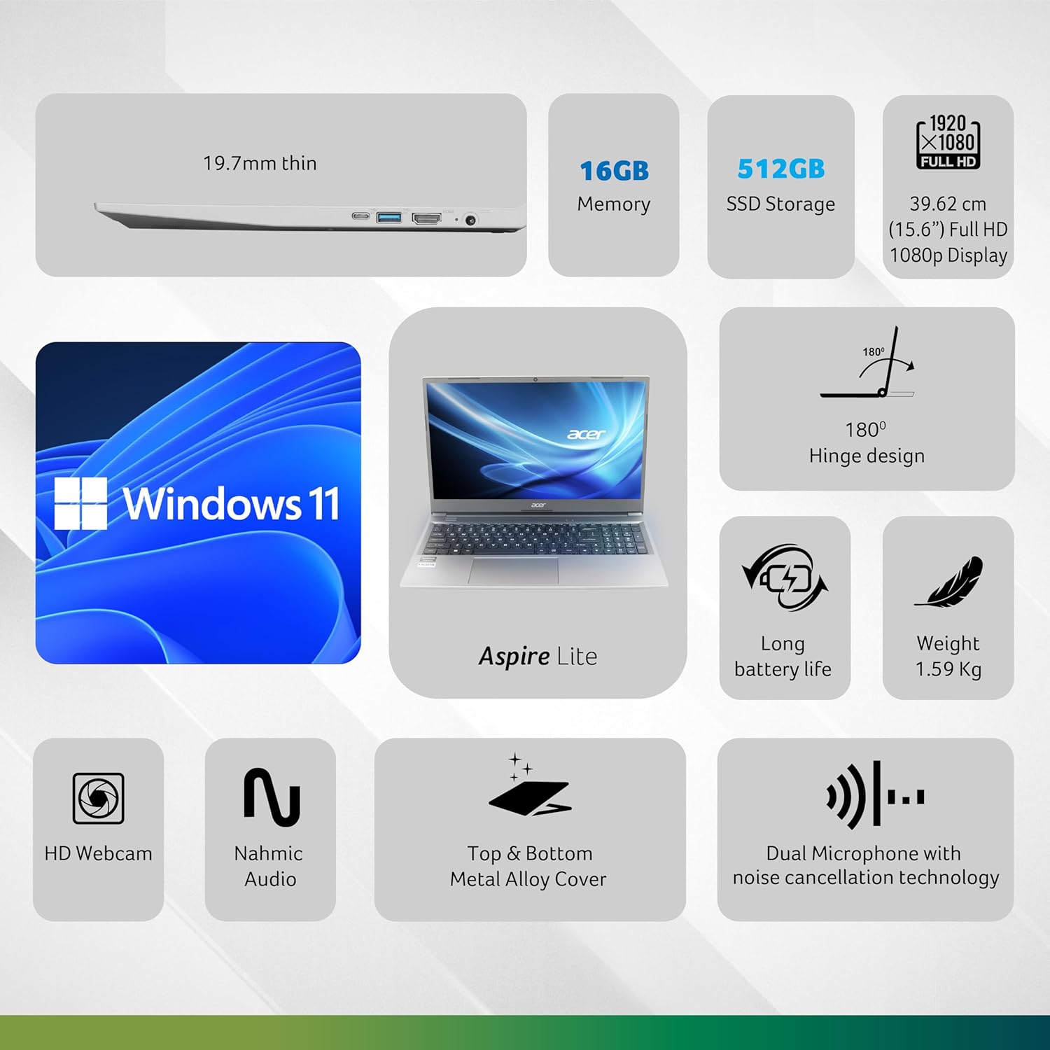 acer SmartChoice Aspire Lite, AMD Ryzen 5-5625U Processor, 16 GB/512 GB, Full HD, 15.6"/39.62 cm, Windows 11 Home, Steel Gray, 1.59 kg, AL15-41, Metal Body, Thin and Light Laptop