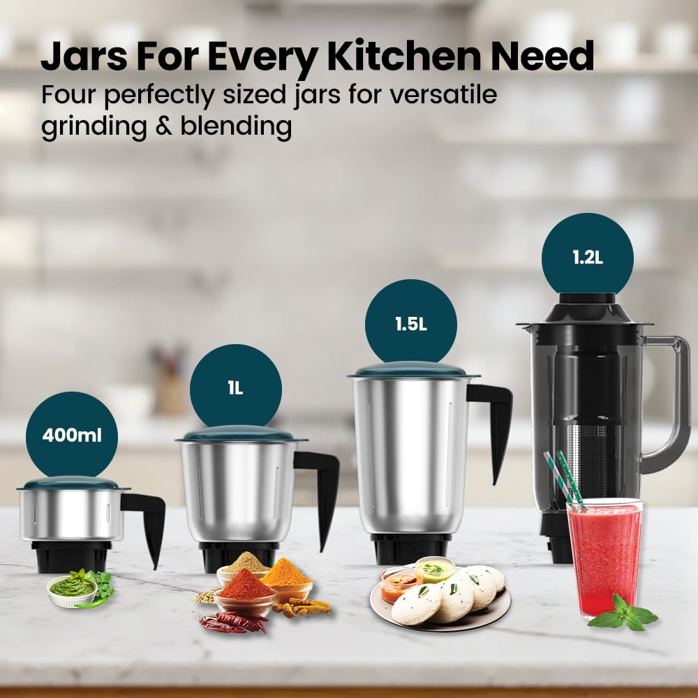 Havells ESO 750 Watt Mixer Grinder | 4 Jars (3 Stainless Steel + 1 Juicer Jar) | Heavy-Duty ABS Body | Powerful Motor | Wider Mouth Blades | Handles on All Jars | 2-Year Product Warranty (Teal)