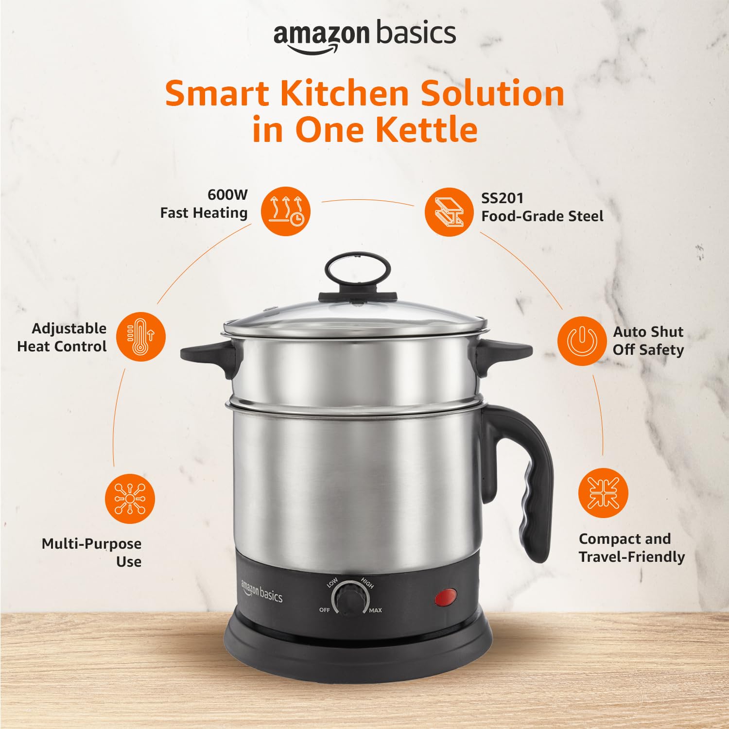 Amazon Basics Multi-Kettle Steamer 1.2L | Adjustable Power Modes 600 W | 7 - Egg Tray, Idli Tray, Iron Grill And Steamer | SS 201 Steel | Automatic Overheat Protection | Multipurpose Kettle