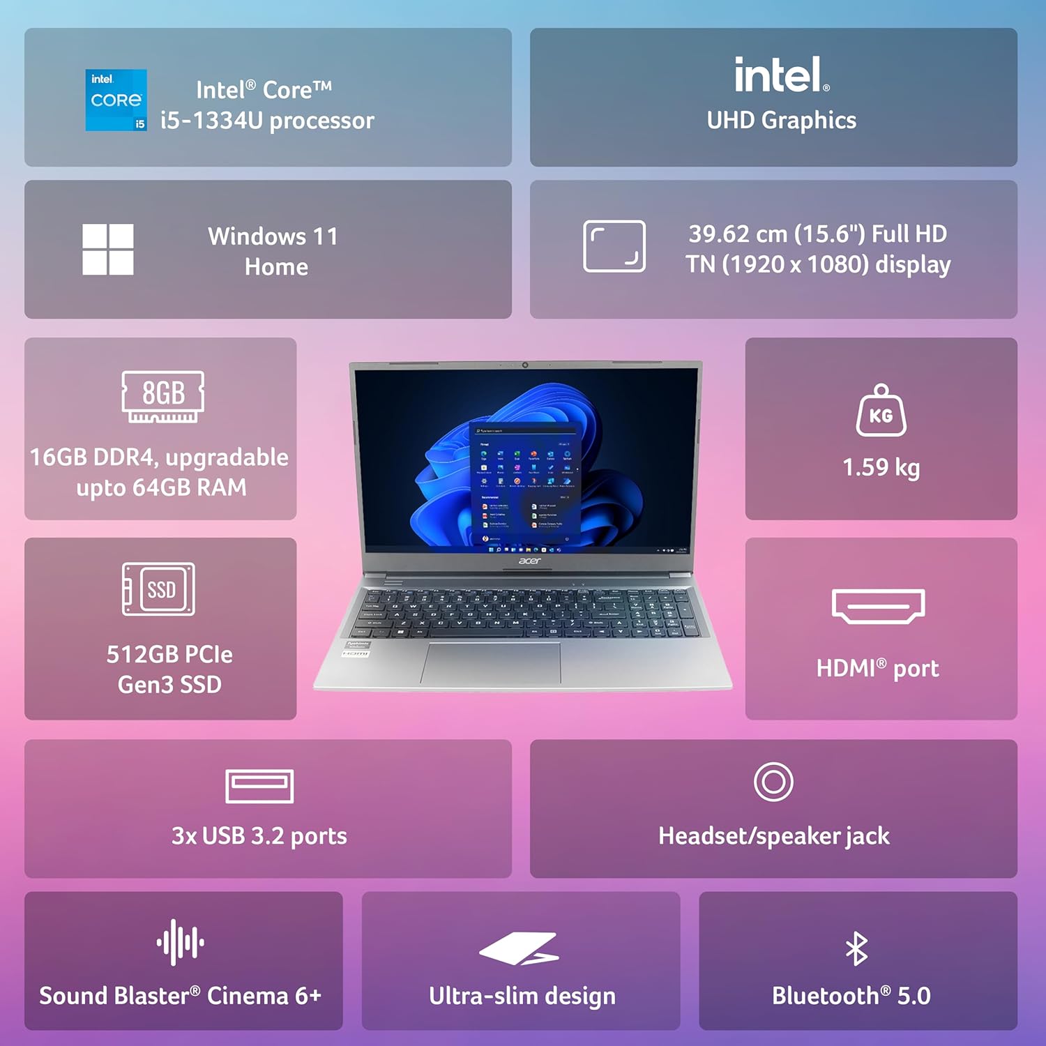 Acer Aspire Lite, 13th Gen, Intel Core i5-1334U, 16GB RAM, 512GB SSD, Full HD, 15.6"/39.62 cm, Windows 11 Home, MS Office, Steel Gray, 1.59 KG, AL15-53, Metal Body, Thin and Light Premium Laptop