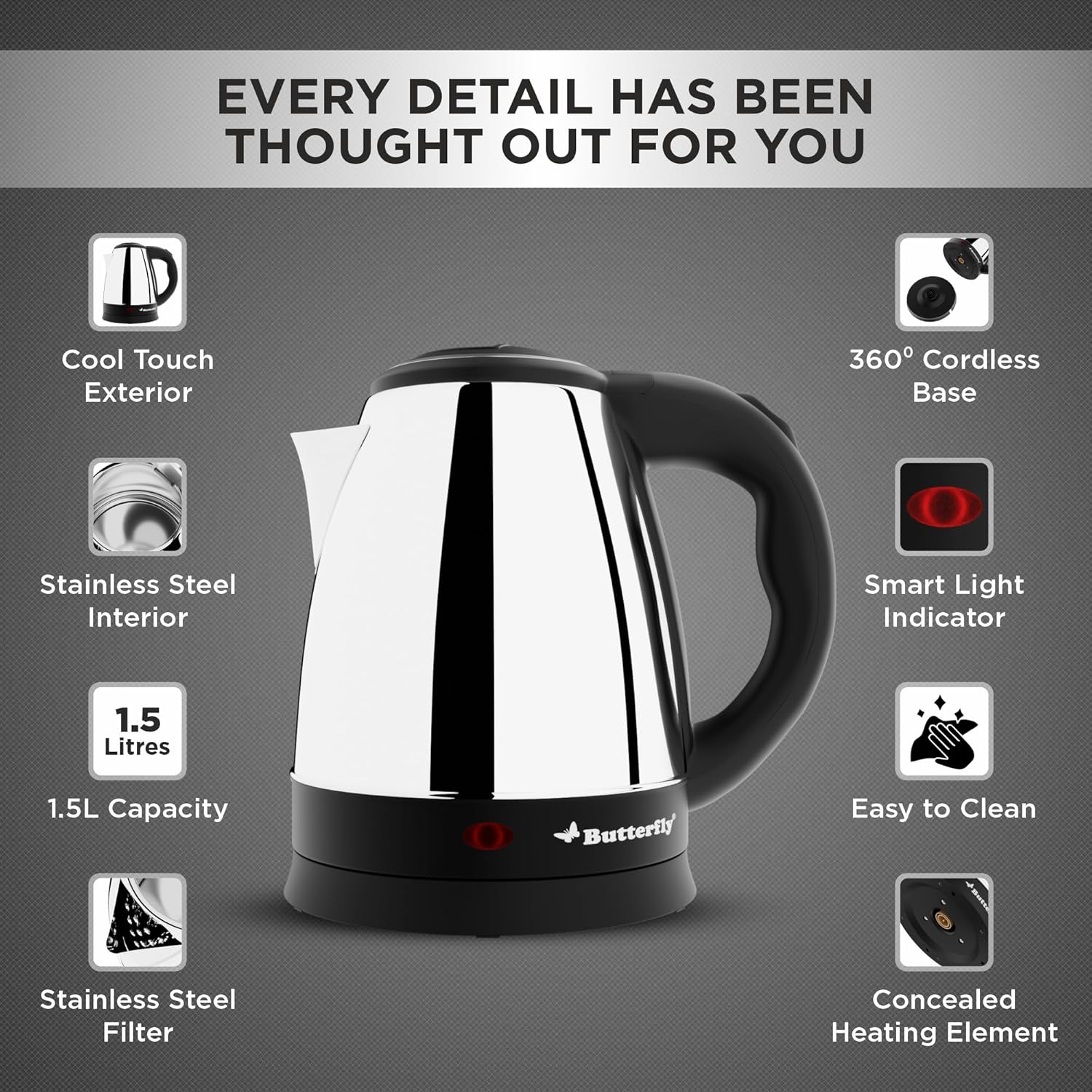 Butterfly EKN 1.5 Litre Stainless Steel Electric Kettle | 1500 W | 360� Swivel Power Base | Auto Shut Off | For Hot Water, Tea, Coffee, Noodles | Dry Boil Protection |