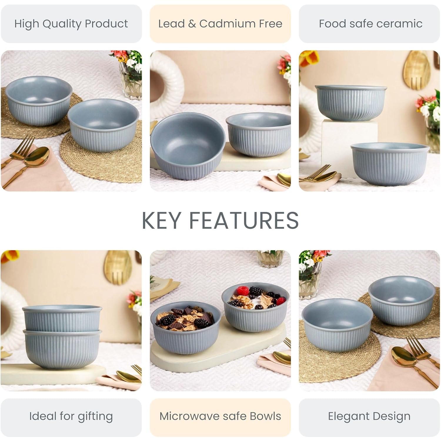 The Earth Store Grey Fringe Ceramic Bowl Set of 2, 550ML Each | Snack Bowl | Perfect for Christmas Gift | New Year Gift & Daily Use