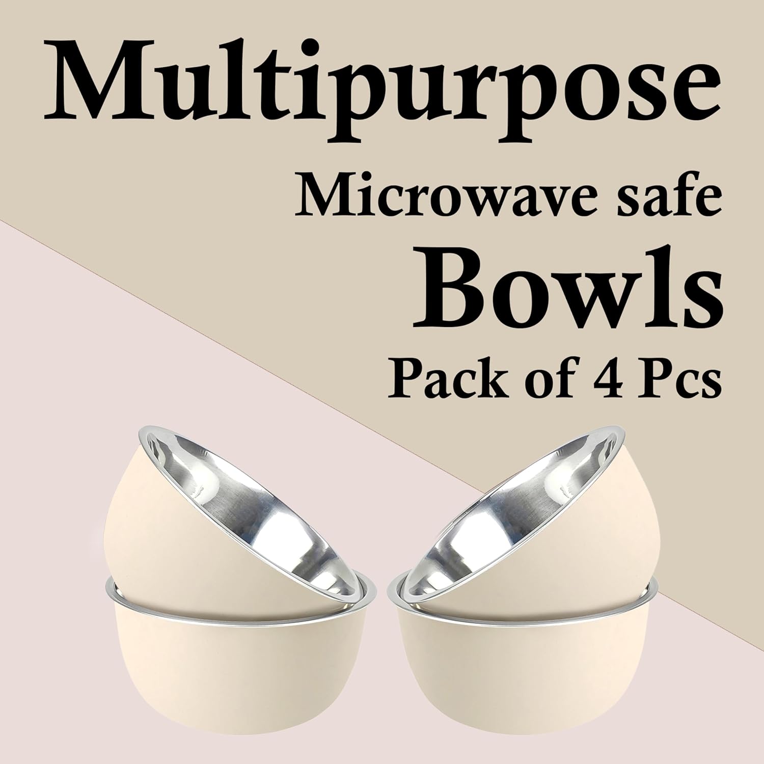 Zaib Stainless Steel and Plastic Coated Microwave Safe Bowls | Multipurpose Storage Containers | No Lid | 14 cm - 500 ml (Pack of 4 (Sand Brown))