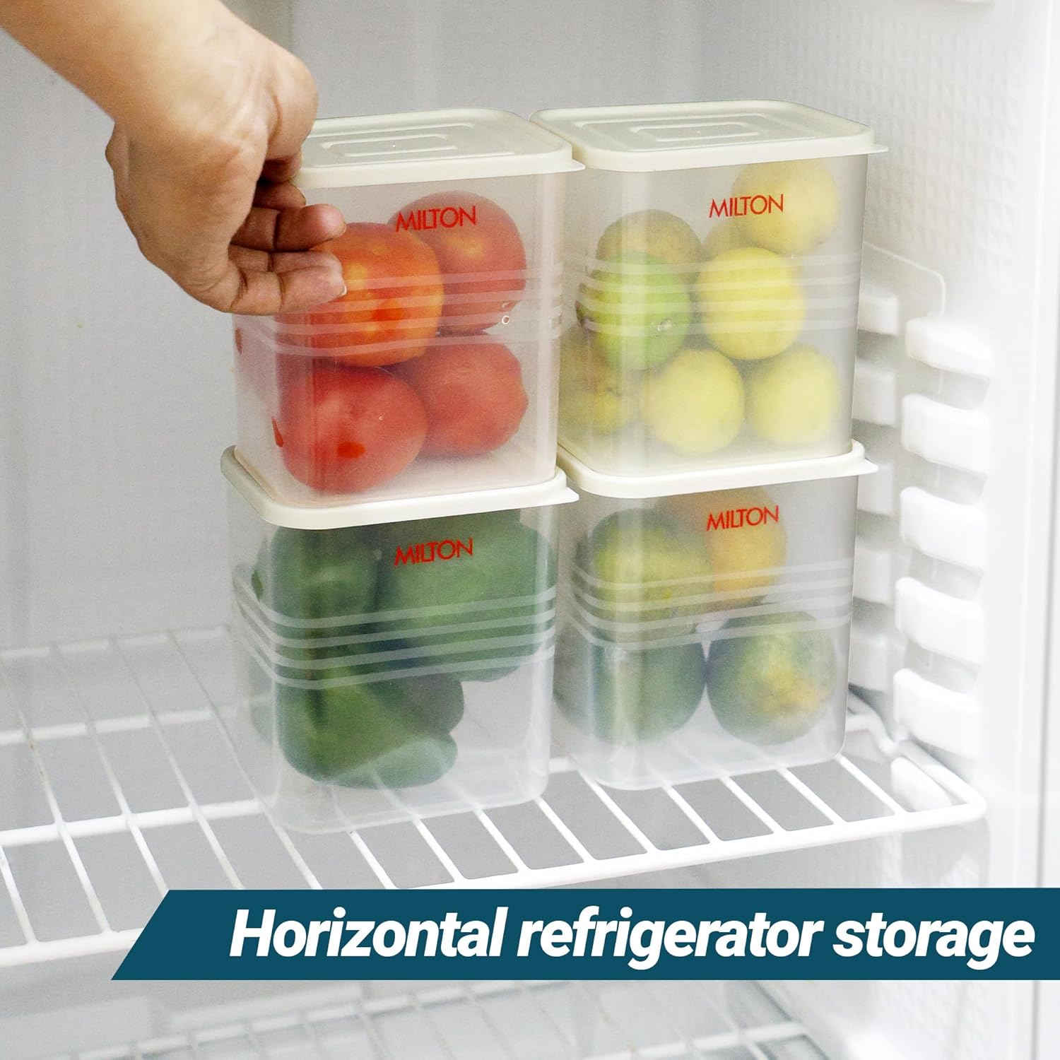 MILTON Fridge Storage Containers with Lids for Door and Shelf – Set of 6, 1100 ml each, Stackable Plastic Containers, Food Grade, BPA Free, Space-Saving Organizer for Vegetable, Fruit & More, White