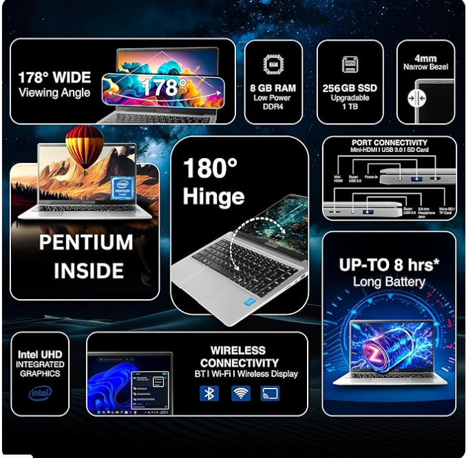 Ultimus Pentium Quad Core Laptop|Student & Office Work Laptop|Dual Storage SSD Expandable~1TB|1.2Kg|180° Hinge|Win 11 Home|8GB RAM 256GB|HDMI SD Card Slot | ‎Dual Speaker|Cloud Silver