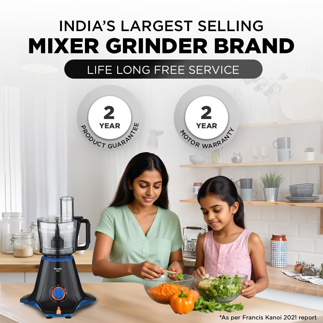 Preethi Zion MG-227 mixer grinder 750 watt Black, 4 jars - master chef food processor jar and flexi lid, Vega W5 motor with 2yr Guarantee & Lifelong Free Service, Standard