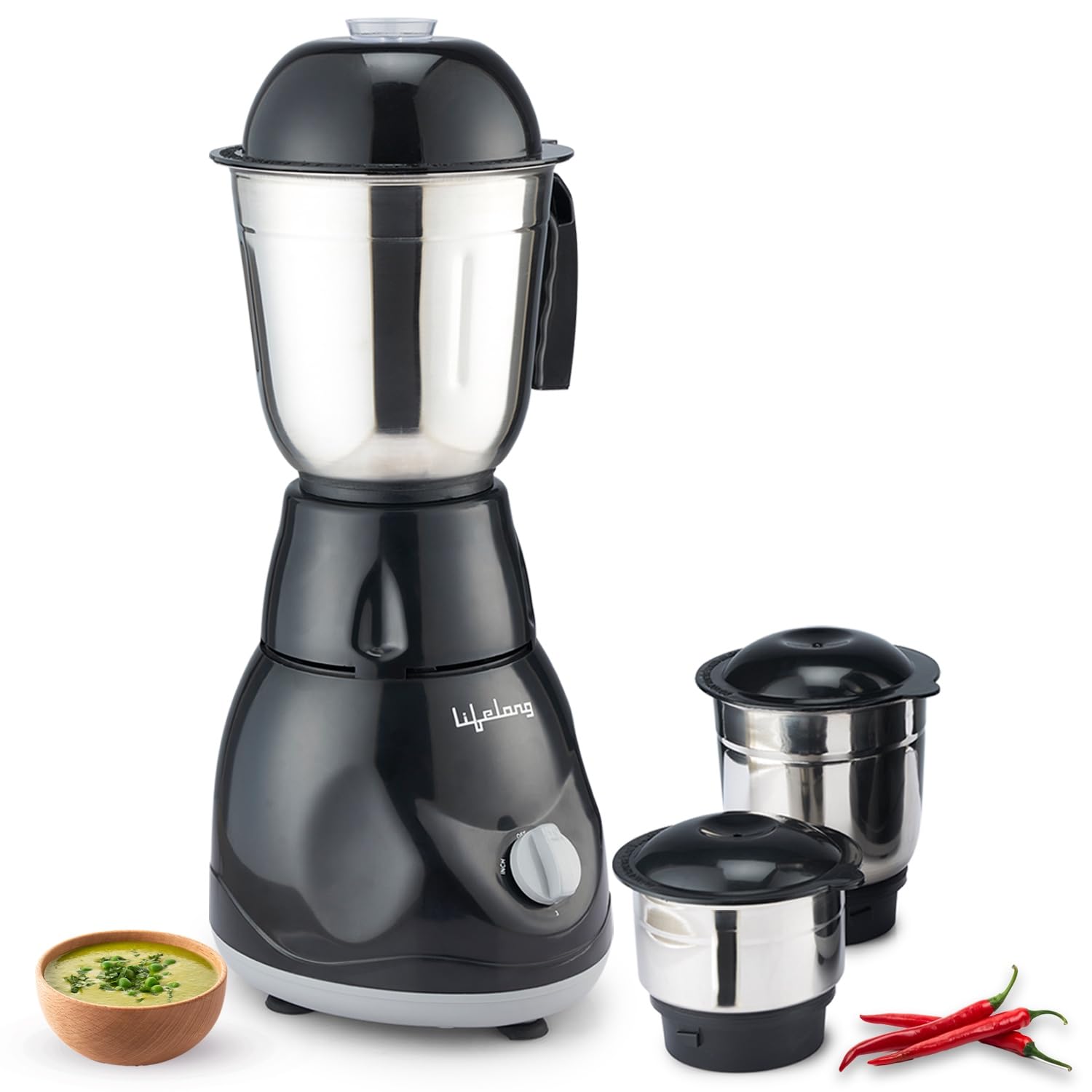 Lifelong LLMG23 Power Pro (500W 3-in-1 Juicer Mixer Grinder for Indian Kitchen) | 3 Stainless Steel Jars & Blades, 3-Speed Knob Control, Thermal Overload Protection, Anti-Skid | 1-Yr Warranty (Black)