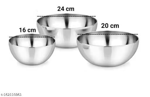 Stainless Steel Mixing & Serving Bowls (Set of 3 Pieces) Stainless Steel Plain Mixing Bowl Set of 3 pcs, Silver, Solid (Silver)