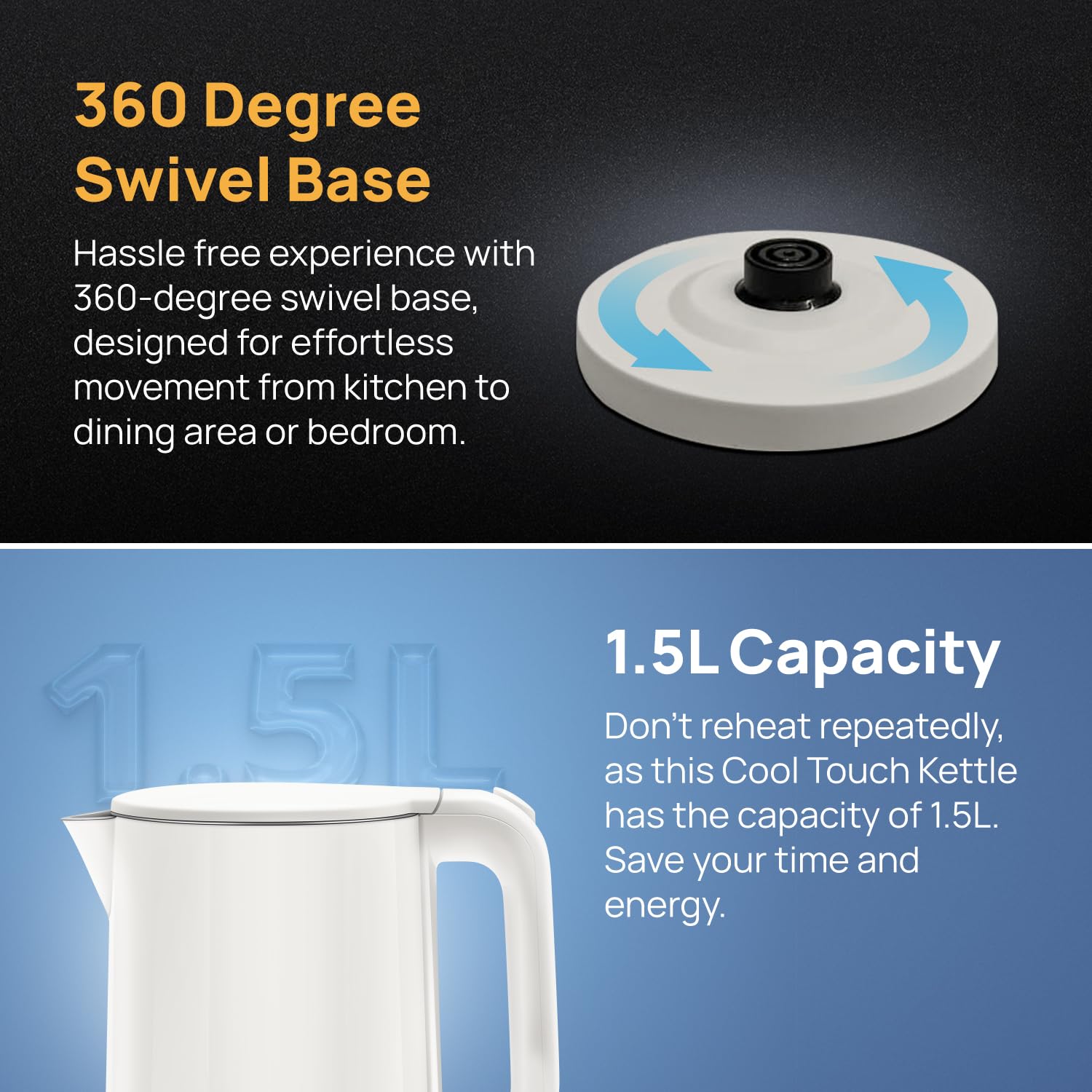 wipro ABS Elato BK210 Cool Touch Double Layer Electric Kettle, 1.5 Litres, Anti-Rust Shield, Super Fast Heating, 3X Protection-Overheating, Dry Boil & Auto Shut-Off,1000 Watts, 2 Years Warranty, White