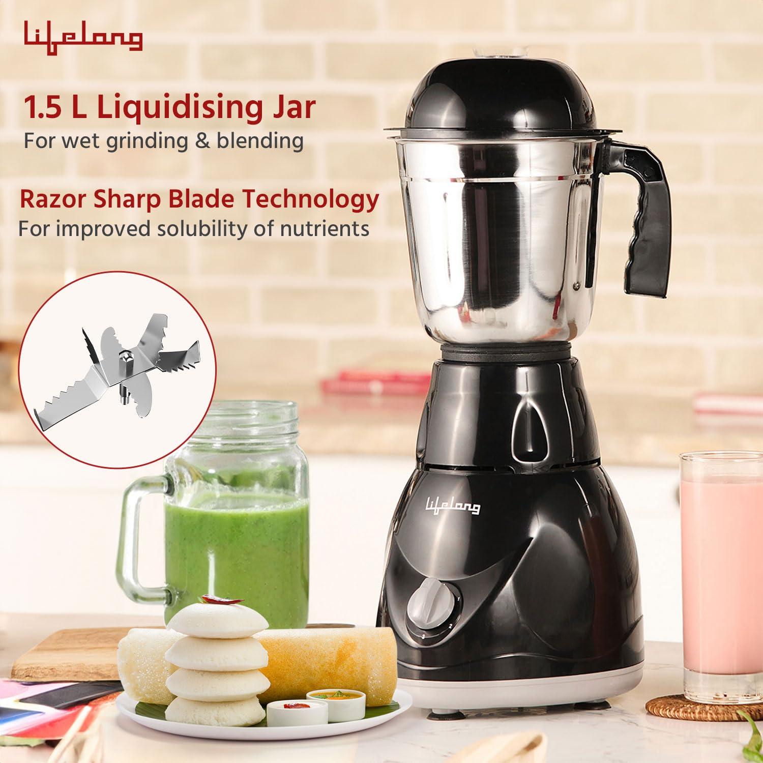 Lifelong LLMG23 Power Pro (500W 3-in-1 Juicer Mixer Grinder for Indian Kitchen) | 3 Stainless Steel Jars & Blades, 3-Speed Knob Control, Thermal Overload Protection, Anti-Skid | 1-Yr Warranty (Black)