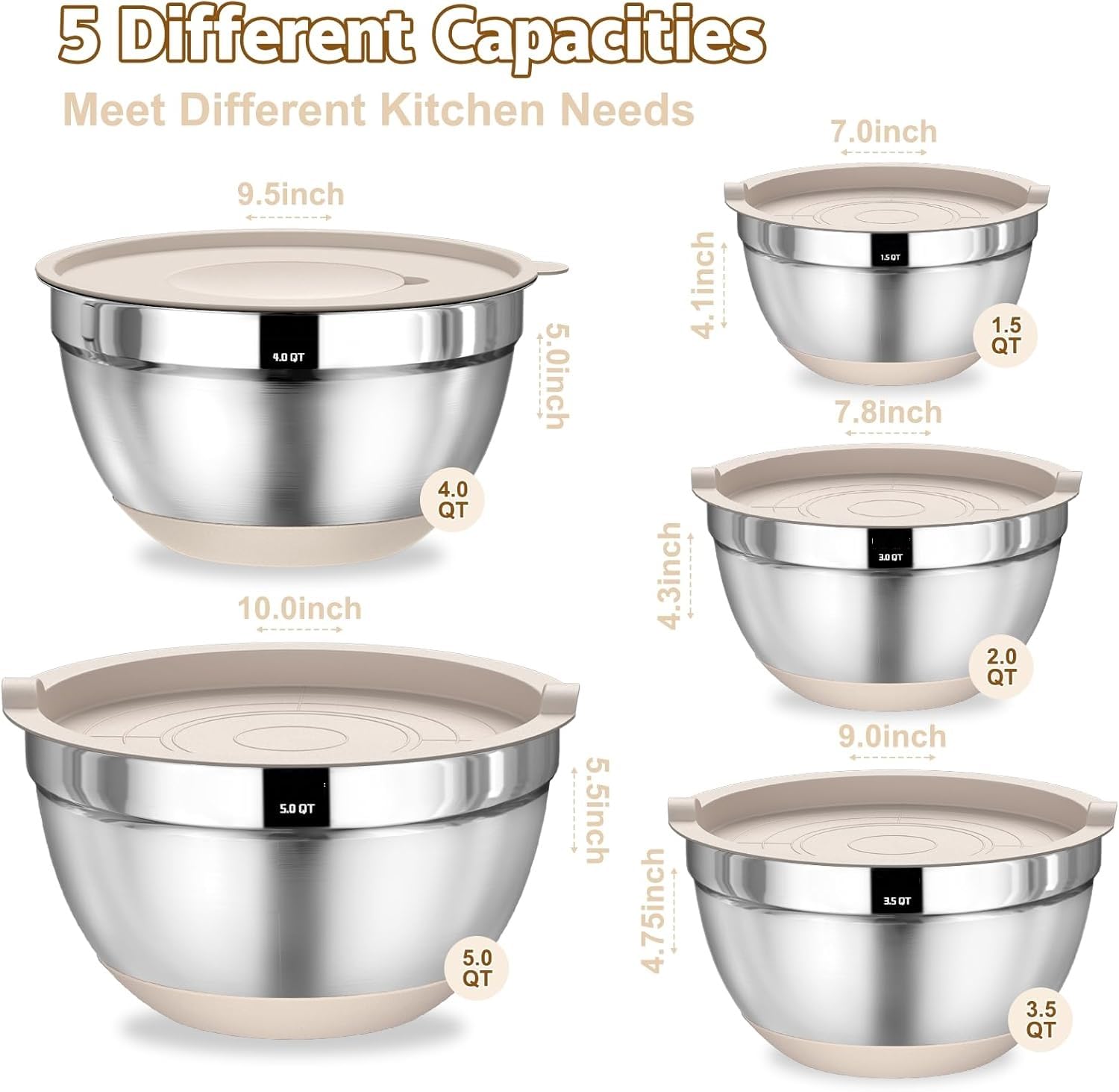 Mixing Bowls with Airtight Lids Set, 5PCS Stainless Steel Khaki Nesting Bowls with Grater Attachments, Kitchen Bowls with Non-Slip Bottoms, Size 5, 4, 3.5, 2, 1.5QT for Mixing & Serving