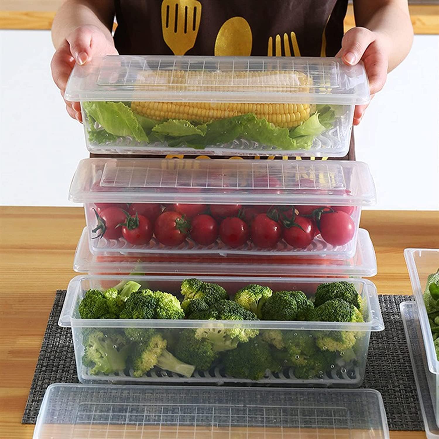 HomeWiz Fridge Storage Containers (Pack of 4) 1500ML Each | With Lids & Removable Drain Plate | Stackable Fridge Organizer for Fruits & Vegetables | Kitchen Storage Box