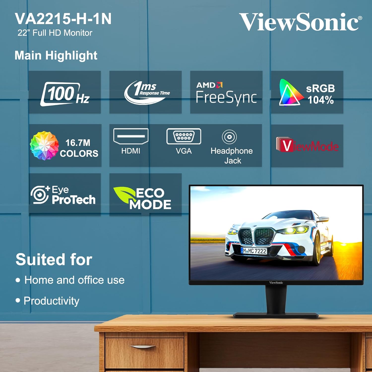 ViewSonic VA2215-H-1N 22inch (55.88 Cm) FHD 1920 x 1080p Monitor | Bezel-Les | 100 Hz | Srgb104% | 1ms Response time | Eye ProTech for Comfort Viewing | Wall Mount | HDMI, VGA