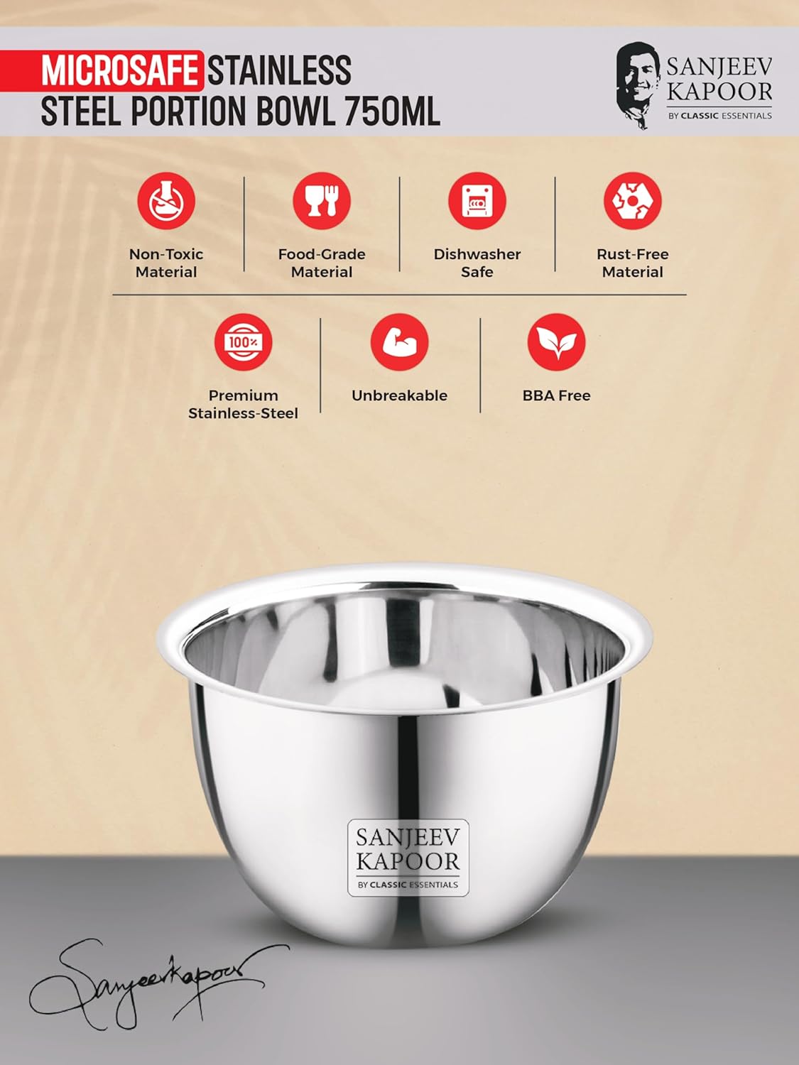 Sanjeev Kapoor by Classic Essentials Stainless Steel Mixing & Serving Bowl Microwave-Safe Solid, Durable, Elegant, Mirror Finish Bow (Silver, 750ML)