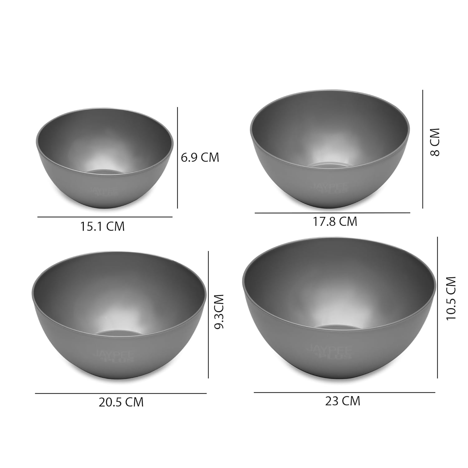 Jaypee Plus Virgin Plastic Mixing Bowl | Lightweight, Strong & Durable Bowls | Ideal for Serving, Storing & Stacking Set of 4 - (2800+2000+1200+800) ml (Grey)