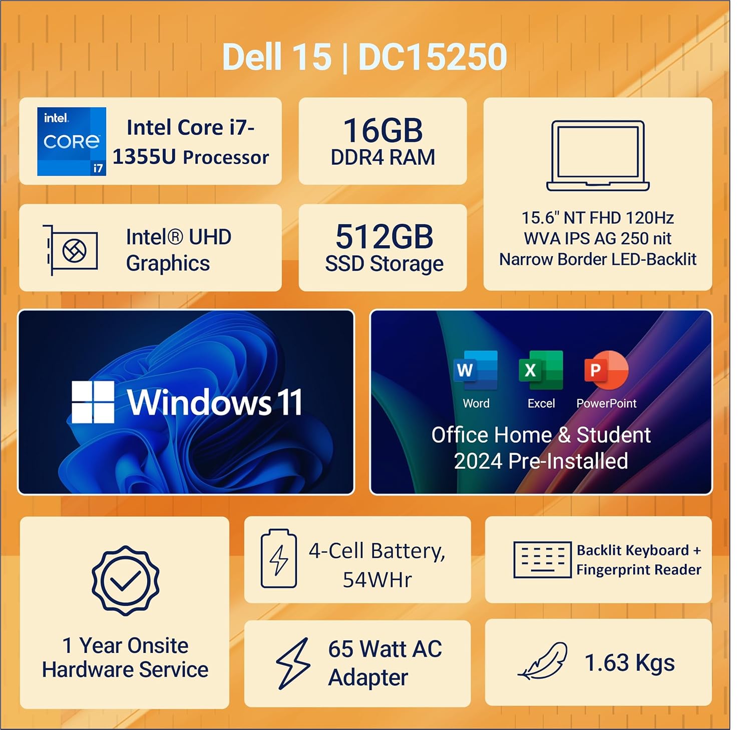 Dell Inspiron 3530, Intel Core i7 13th Gen -1355U, 16GB RAM, 512GB SSD, FHD, 15.6"/39.62cm, Windows 11, Microsoft Office Home 2024, Silver, 1.62kg, Backlit KB, M365, 15 Month McAfee Laptop