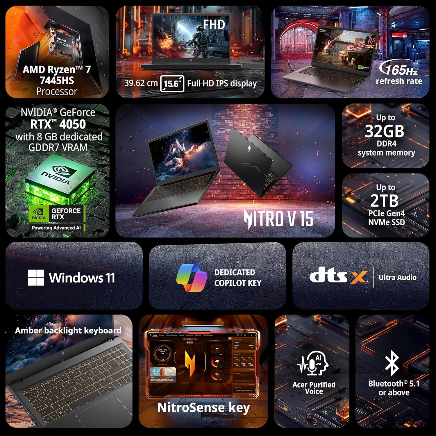 acer Nitro V 15, AMD Ryzen 7-7445HS, NVIDIA GeForce RTX 4050-6 GB, 16GB DDR5, 512GB SSD, FHD IPS, 15.6"/39.62cm, 165Hz, Win 11 Home, Obsidian Black, 2.1KG, ANV15-42, Gaming Laptop
