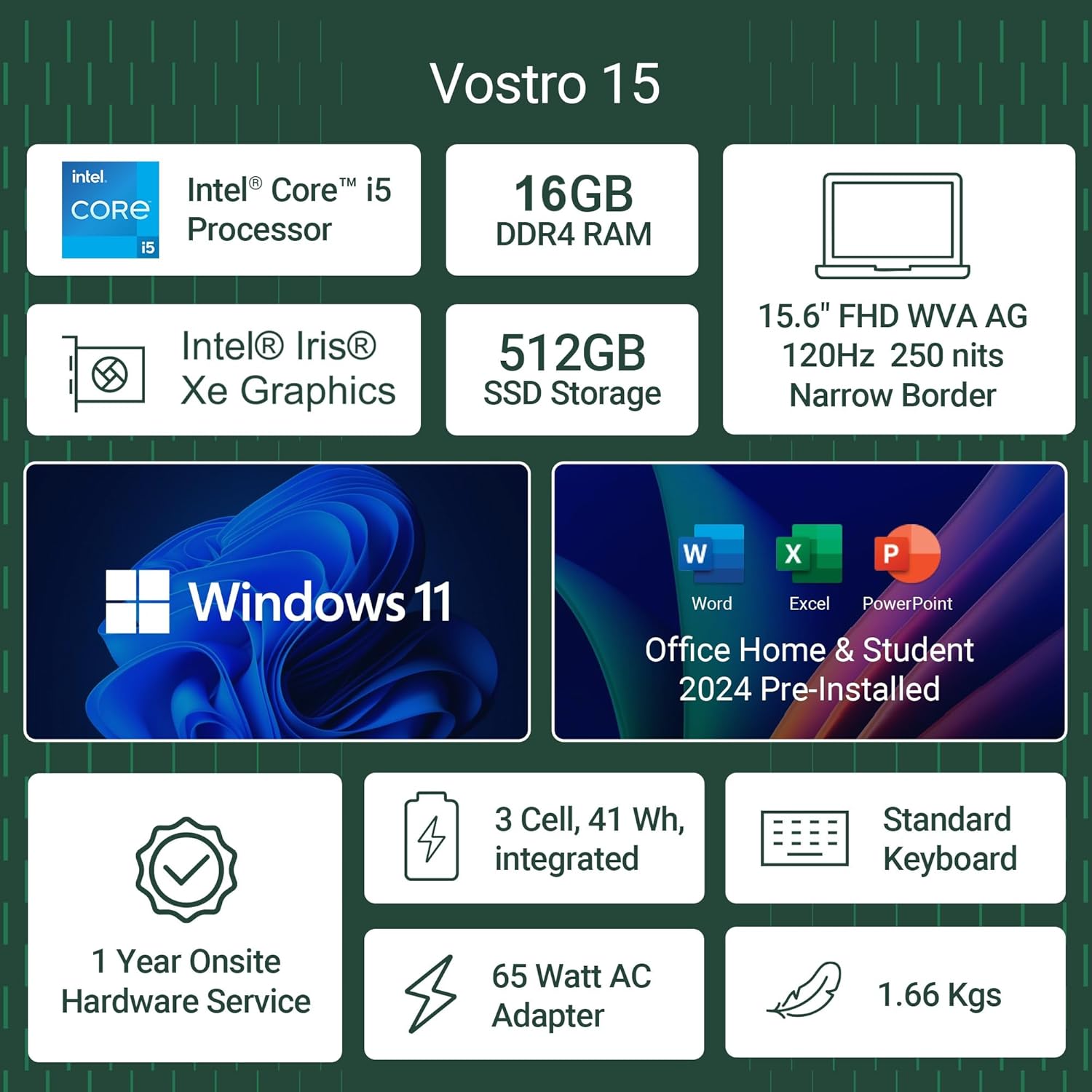Dell 15, 13th Gen Intel Core i5-1334U (16GB DDR4, 512GB SSD) Anti-Glare FHD 15.6"/39.62cm, Windows 11, Microsoft Office Home 2024, Grey, 1.66kg, [Vostro 3530], 12 Month McAfee, Thin & Light Laptop