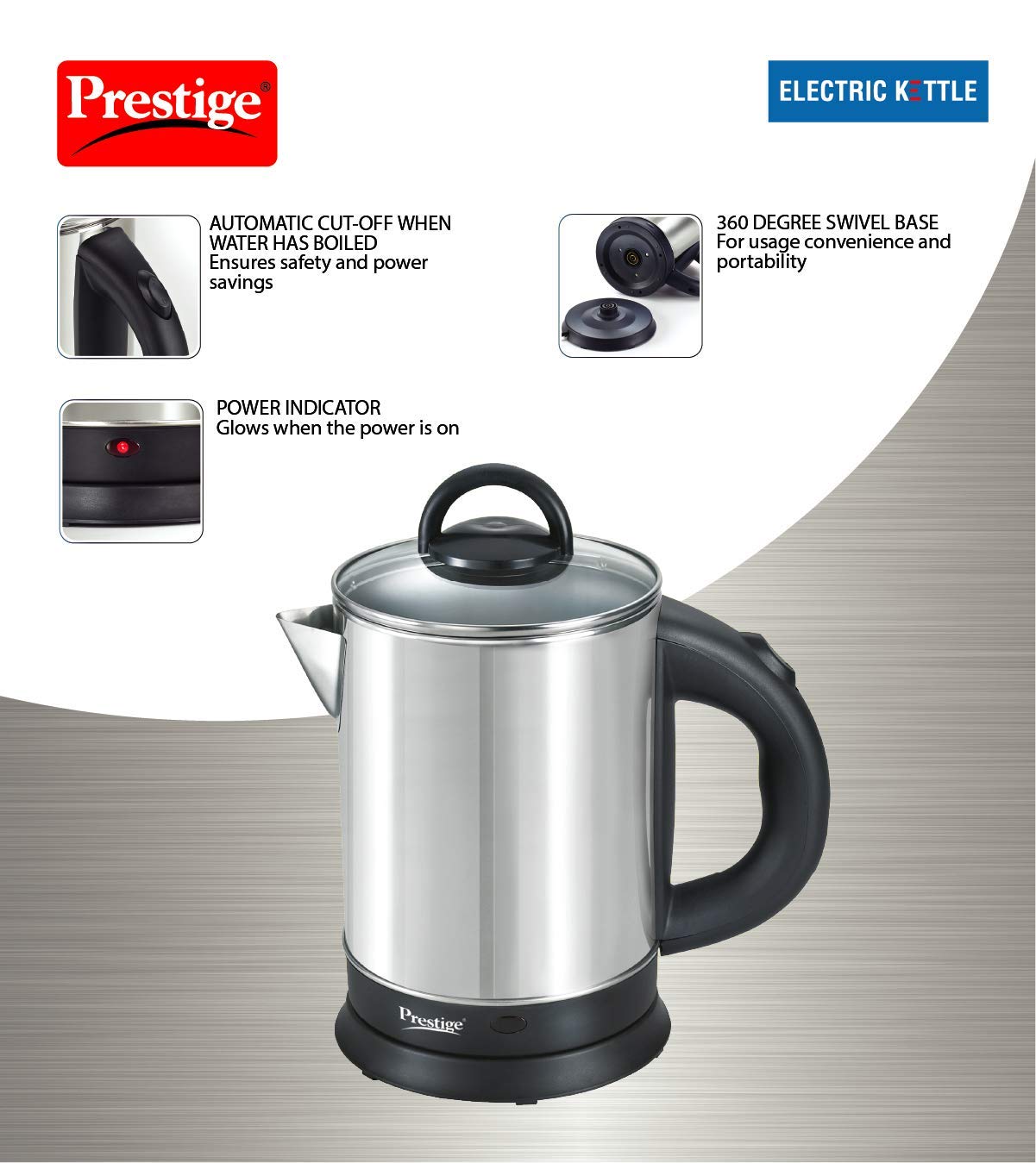 Prestige 1.7L PKGSS Stainless Steel Electric Kettle | 1350 Watts | Glass Lid with heat resistent handle | Single Touch lid locking |Automatic Cut Off | Silver