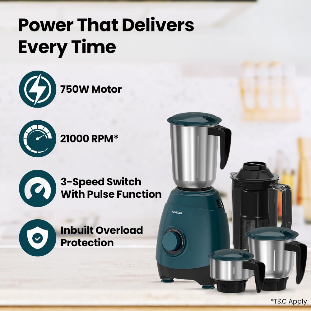 Havells ESO 750 Watt Mixer Grinder | 4 Jars (3 Stainless Steel + 1 Juicer Jar) | Heavy-Duty ABS Body | Powerful Motor | Wider Mouth Blades | Handles on All Jars | 2-Year Product Warranty (Teal)
