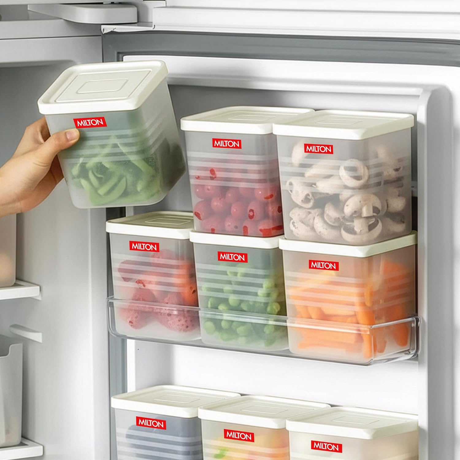 MILTON Fridge Storage Containers with Lids for Door and Shelf – Set of 6, 1100 ml each, Stackable Plastic Containers, Food Grade, BPA Free, Space-Saving Organizer for Vegetable, Fruit & More, White