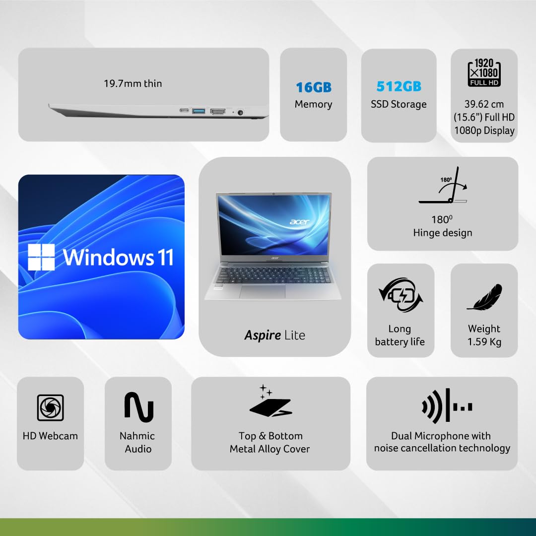 acer Aspire Lite, AMD Ryzen 5 7430U Processor,Office 2024 + M365 Basic, 16 GB RAM, 512 GB SSD, Full HD, 15.6"/39.62 cm, Windows 11 Home, Steel Grey, 1.59 kg, AL15-41, Thin and Light Laptop