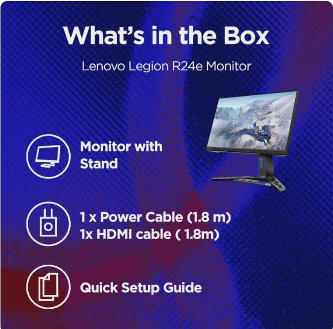 Lenovo Legion R24e | 24″ (60.9cm) FHD 180Hz Gaming Monitor | 0.5ms, AMD FreeSync, 99% sRGB, 1xHDMI 2.1 TMDS, 1xDP 1.4| Tilt, Swivel, Pivot, Height Adjust | Black | 67CCGAC4IN