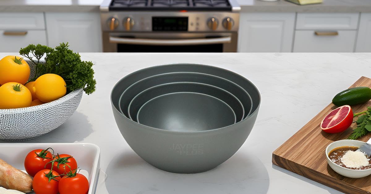 Jaypee Plus Virgin Plastic Mixing Bowl | Lightweight, Strong & Durable Bowls | Ideal for Serving, Storing & Stacking Set of 4 - (2800+2000+1200+800) ml (Grey)