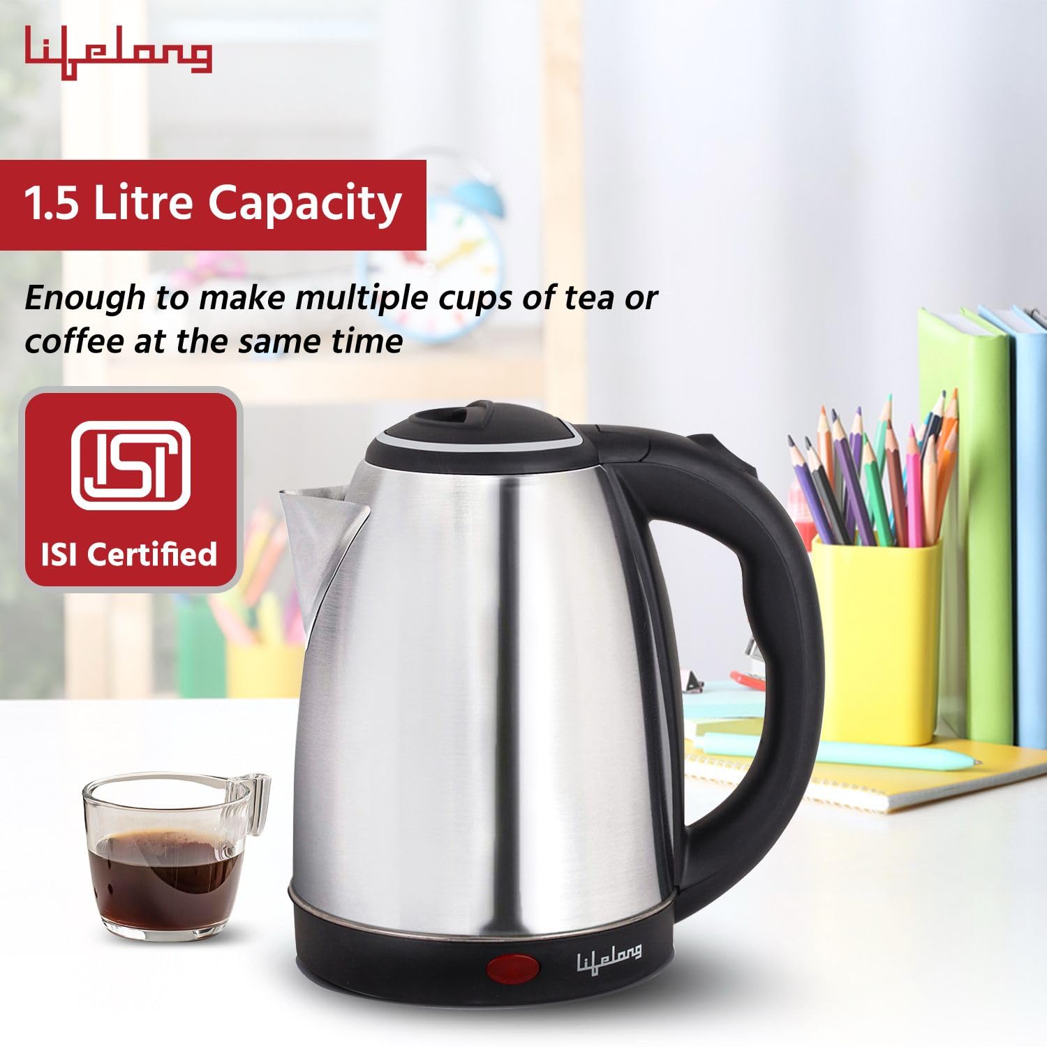 Lifelong ISI Certified Electric Kettle 1.5L with Stainless Steel Body, Easy and Fast Boiling of Water for Instant Noodles, Soup, Tea etc. (1 Year Manufacturer's Warranty, Silver, LLEK15) 1500 W