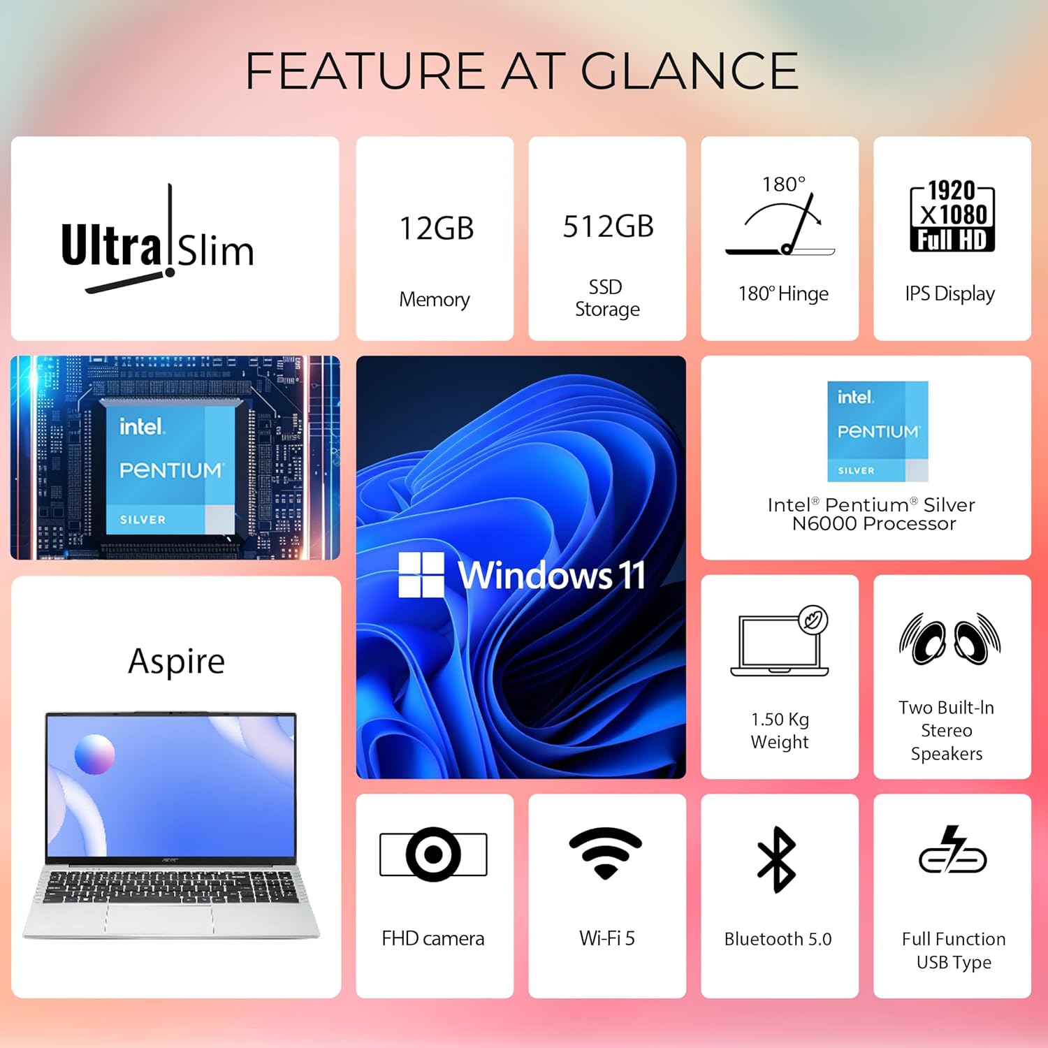 acer Aspire 3, Intel Pentium N6000, 12GB LPDDR4X RAM, 512GB SSD, HD, 15.6"/39.62cm, Windows 11 Home, Pure Silver, 1.5KG, A325-45, Thin and Light Laptop