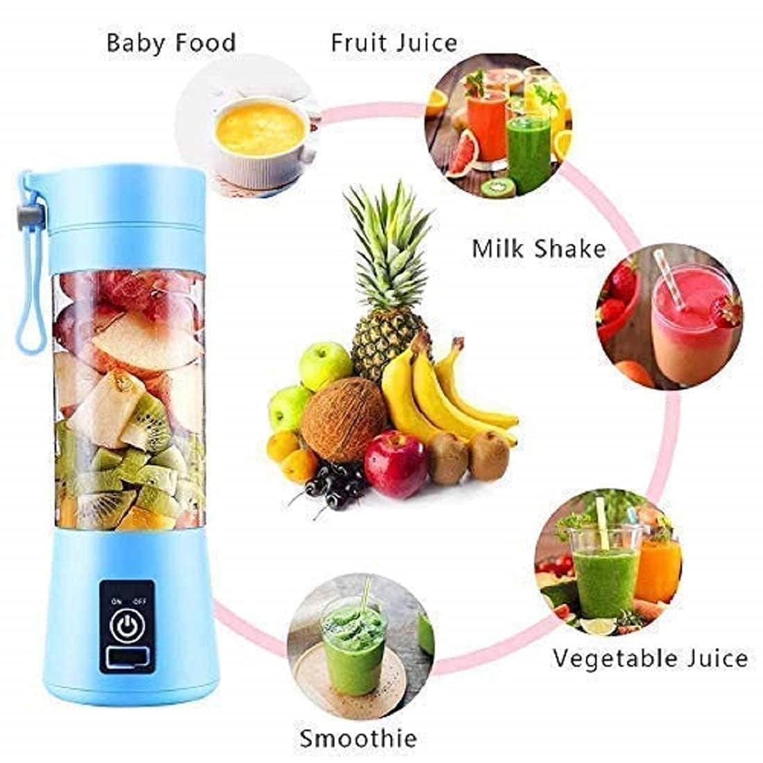 Portable 6-Blade Juicer Blender with Built-In Jar, Juice Mixer Bottle, Fruit Juice Machine, USB Rechargeable Personal Size Juicer Grinder for Juices, Kitchen Appliance for Protein & Milk Shakes (Multi Colour) (S5)