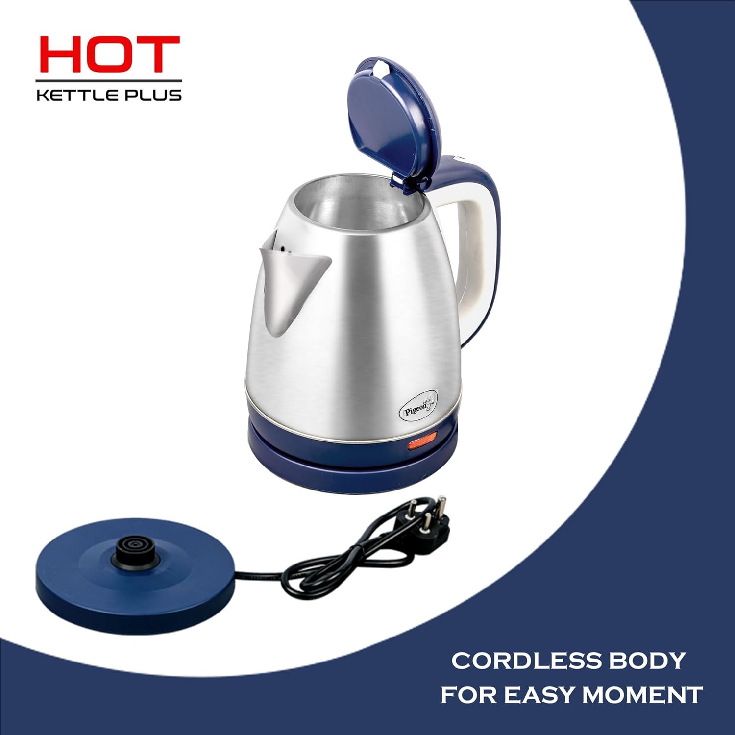Pigeon by Stovekraft Hot Plus Electric Kettle (16246) with Stainless Steel Body, 1.5 litre, used for boiling Water, making tea and coffee, instant noodles, soup etc. (Blue)