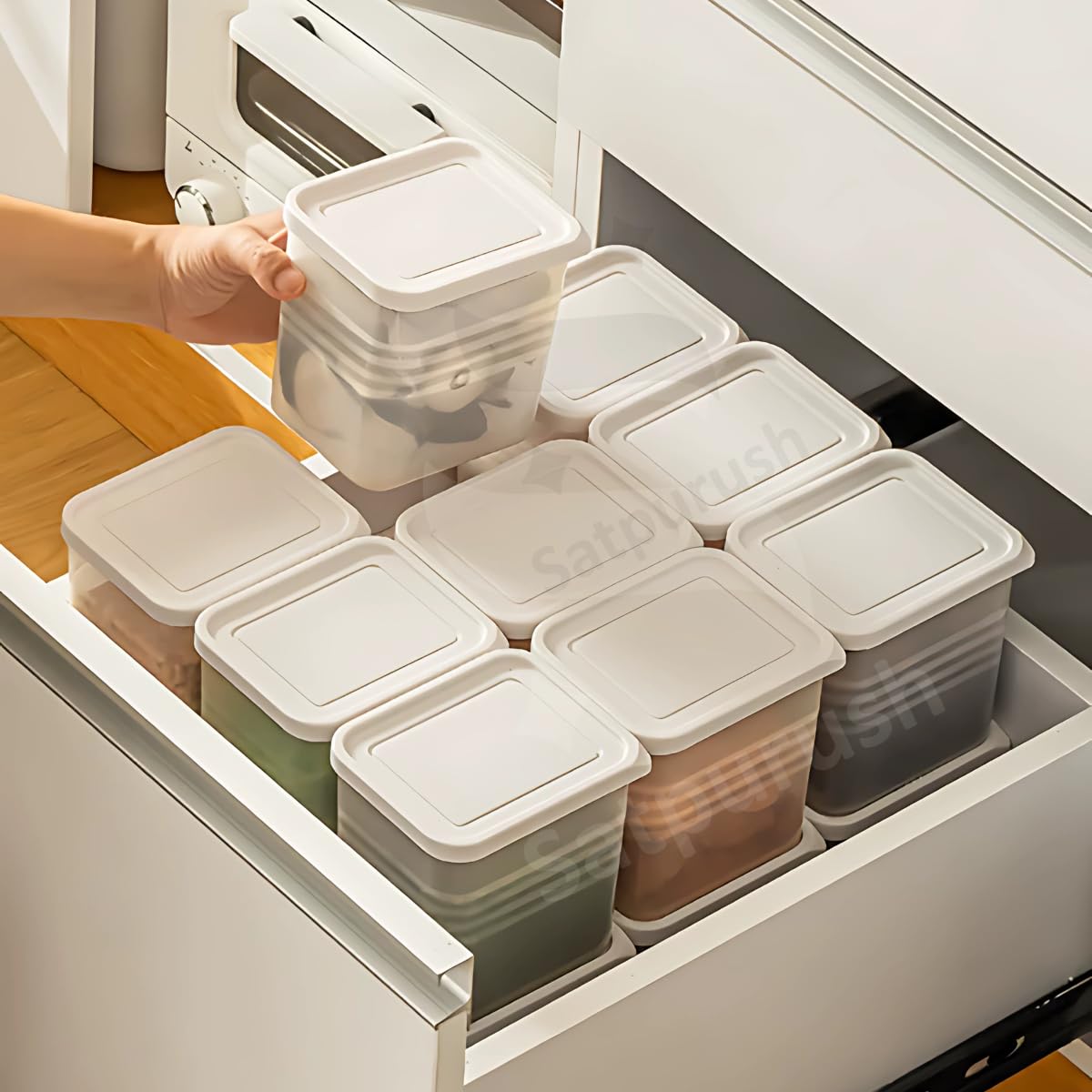 Satpurush Plastic Fridge Storage Boxes (Pack of 12) Freezer & Refrigerator Organizer Containers Kitchen Storage Container Set Kitchen Accessories Items for Home 1200 ml Food Storage Box, White