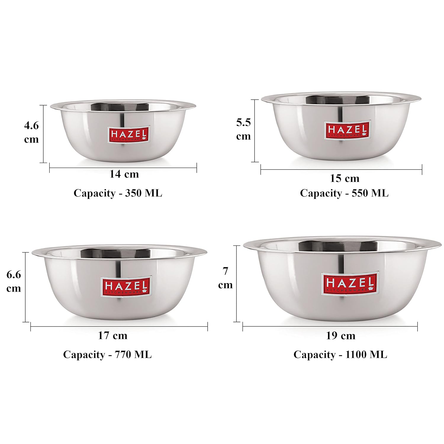 HAZEL Stainless Steel Mixing Bowl Set of 4 | 350ml to 1100ml SS Bowls for Kitchen | Steel Katori for Snacks, Cooking & Serving | Multipurpose Bowls