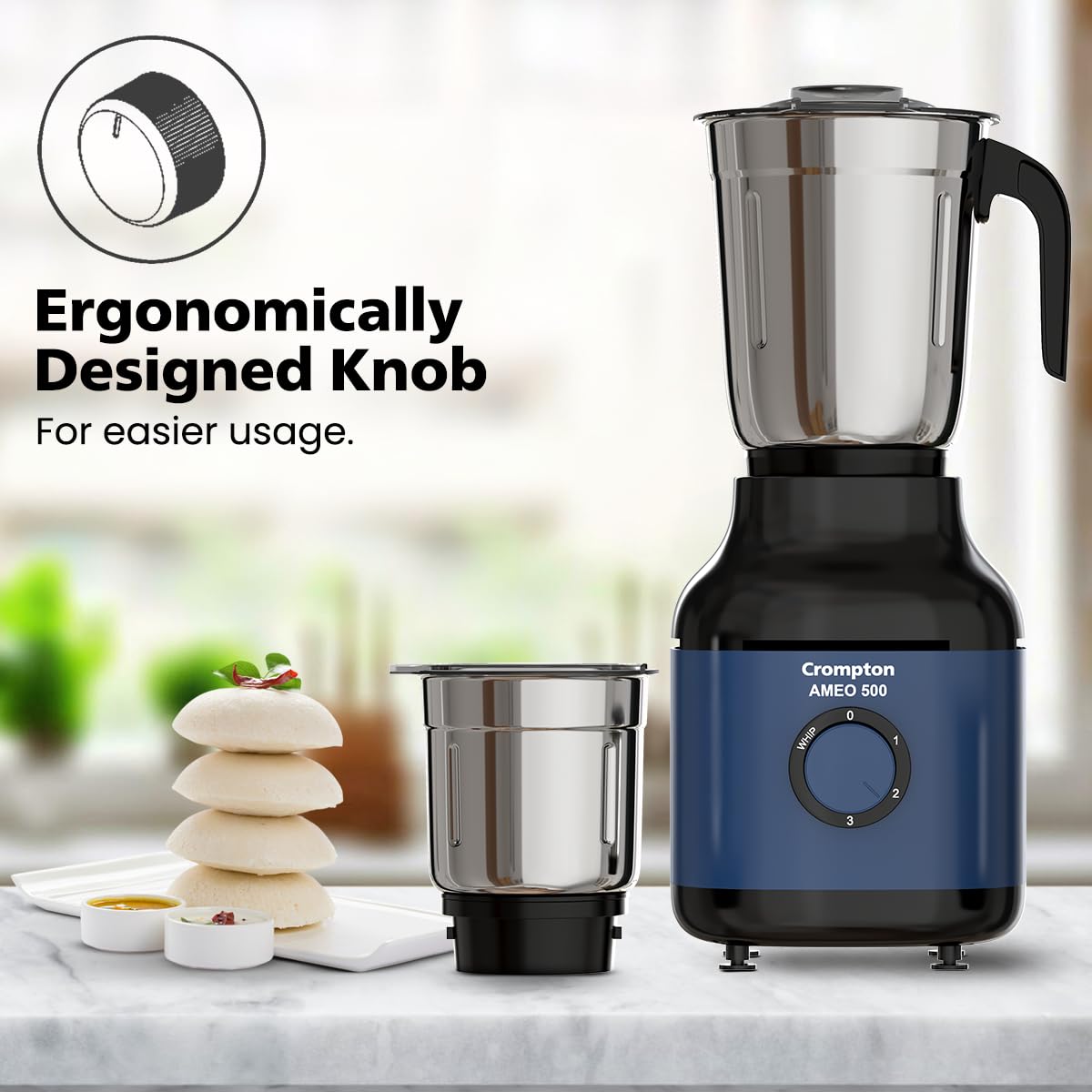 Crompton Ameo 500W Mixer Grinder with Powertron Motor & Motor Vent-X Technology, Robust design (3 Stainless Steel Jars, Blue and Black)