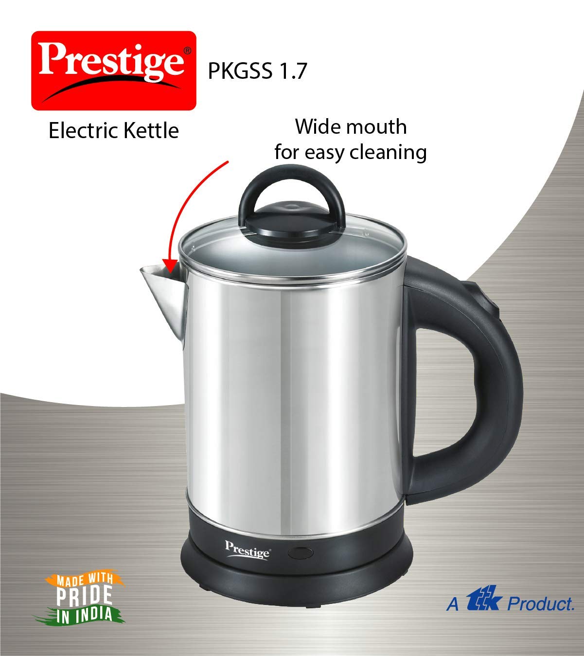 Prestige 1.7L PKGSS Stainless Steel Electric Kettle | 1350 Watts | Glass Lid with heat resistent handle | Single Touch lid locking |Automatic Cut Off | Silver