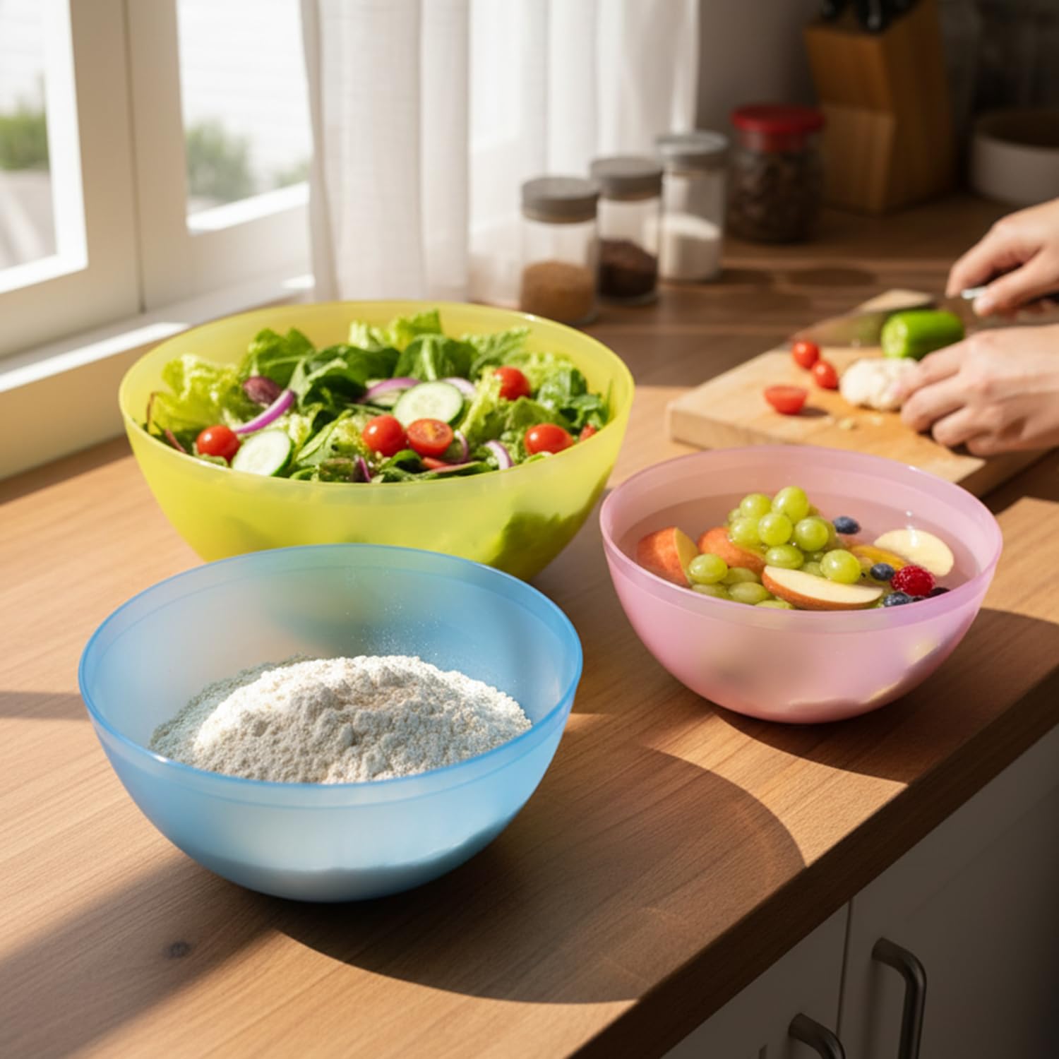 Gluman 4-Piece Mixing Bowl Set | Transparent Multi-Color Plastic Kitchen Bowls for Baking, Cooking, Meal Prep & Serving |Lightweight,Dishwasher Safe |Stackable Bowls (3200ml, 2000ml, 1350ml, 850ml)