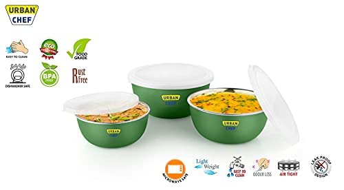 URBAN CHEF Mixing Bowl Set of 3 Stainless Steel (500ml, 800ml,1250ml) | Microwave Safe & Dishwasher Safe | Bowl Set with Lid for Gift | Bowls for Snacks | Serving Bowls Kitchen Accessories -Green