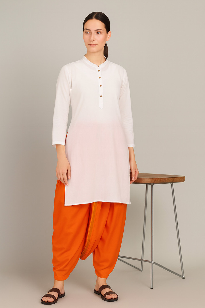 White Kurta and Orange Dhoti Pants Set