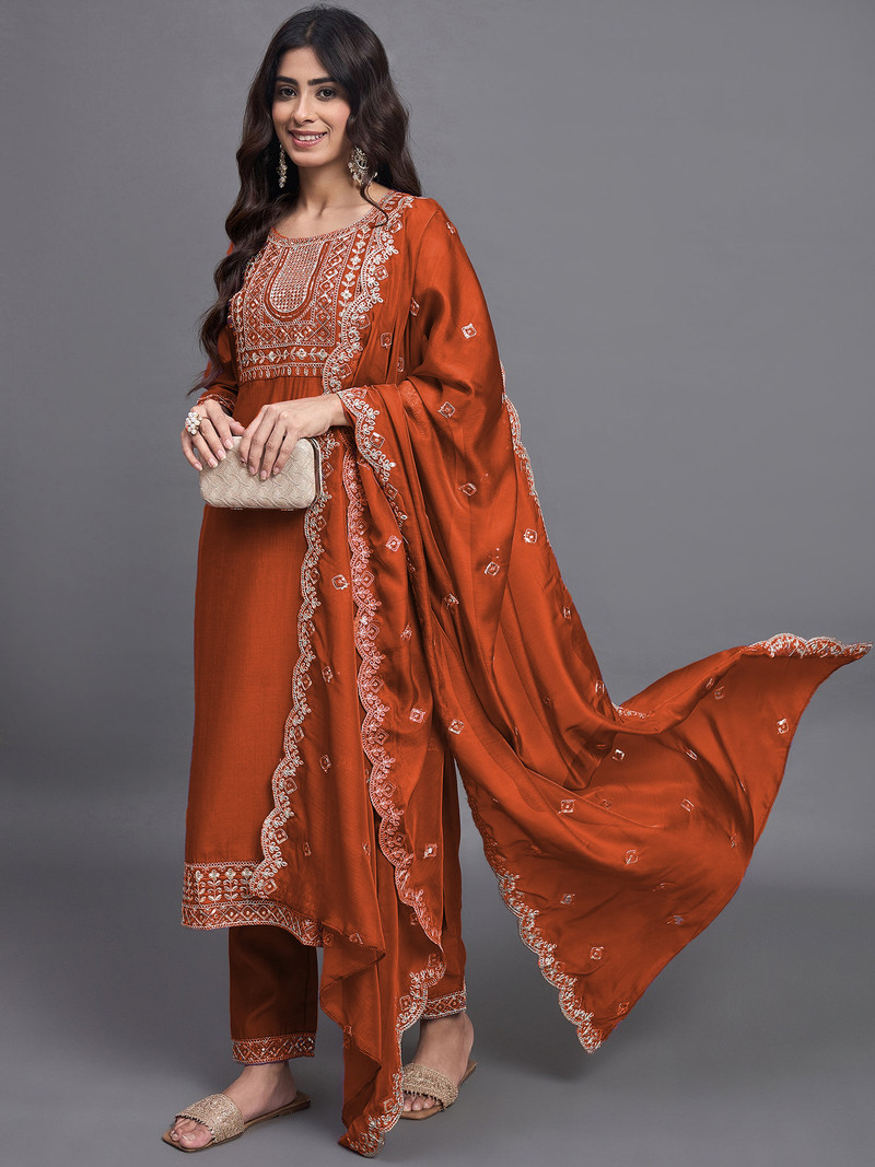 Rust Embroidered Salwar Suit Set