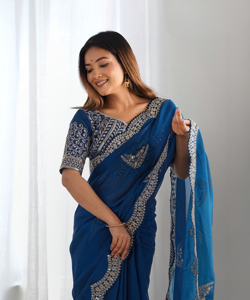 Royal Blue Embroidered Saree